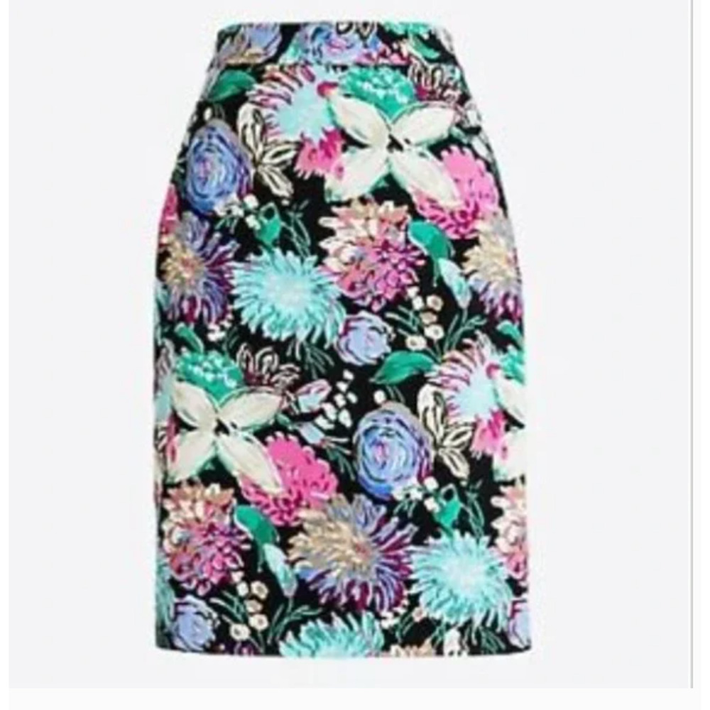 J. Crew Black Floral Pencil Skirt with Pink, Aqua, Lavender